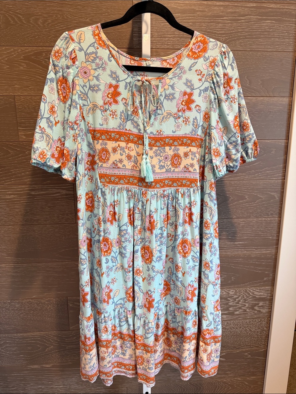 Girls' Light Blue Floral Boho Dress with Orange Accents